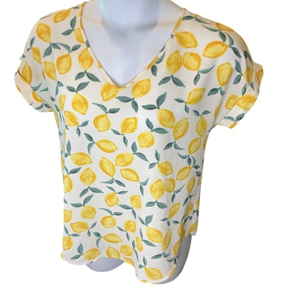 Pink Rose Lemon Print Blouse V-Neck Cuffed Sleeve Yellow Tunic Top Large L - Picture 2 of 9